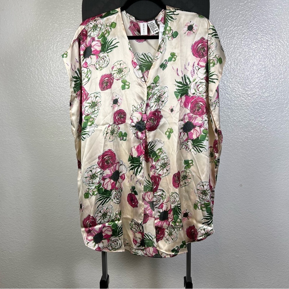 HUE Women’s Cream Floral Blouse with Pink and Green Accents Top Tunic Size S